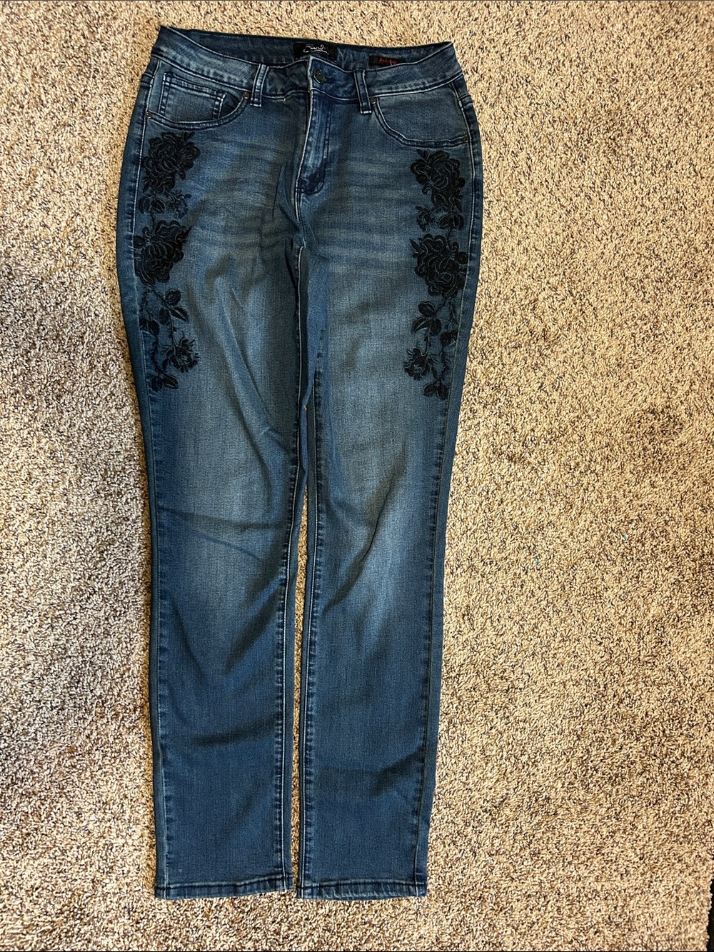 Earl Jeans Dark Blue Skinny Jeans with Black Floral Embroidery